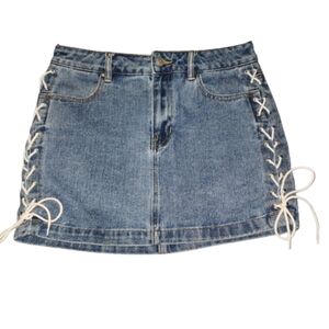PacSun Mini Denim Jean Skirt Womens 26 Shoe Lace Ties On Sides In White